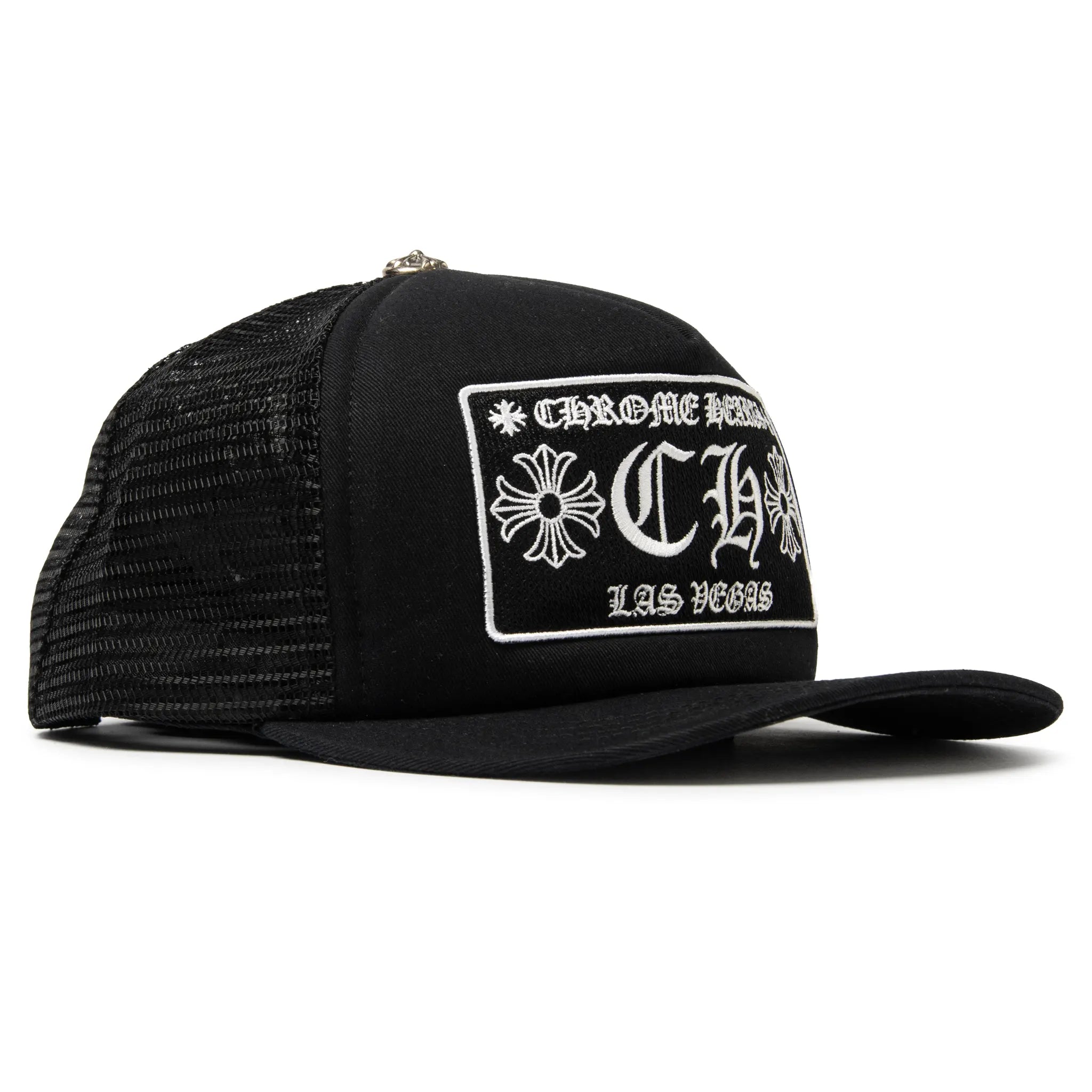 Front Side View of Chrome Hearts CH Las Vegas Black Trucker Cap 1383 100000701CLVT-BLAC